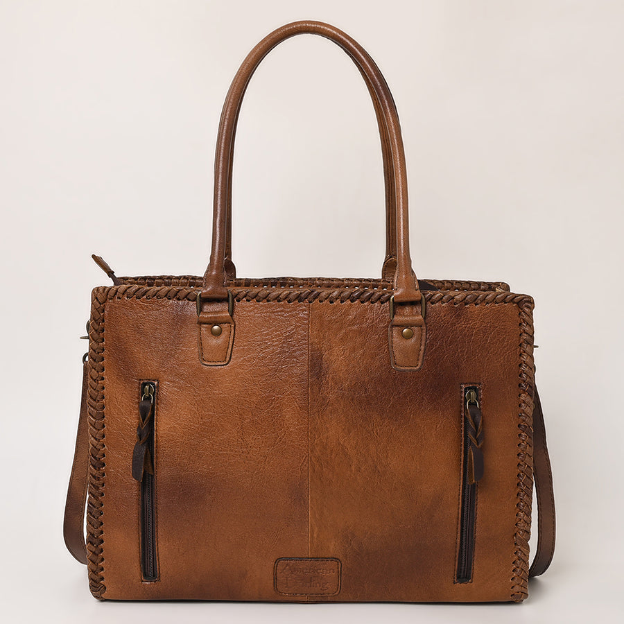 American Darling Tote Bag - Western Leather Hand Tooled Floral Carved Purse with Braided Detailing & Secure YKK Zipper