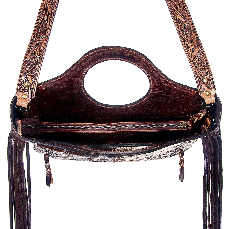 American Darling Western Leather Clutch Bag Hand Tooled Floral Carved Cowhide Purse with Fringes and YKK Zipper