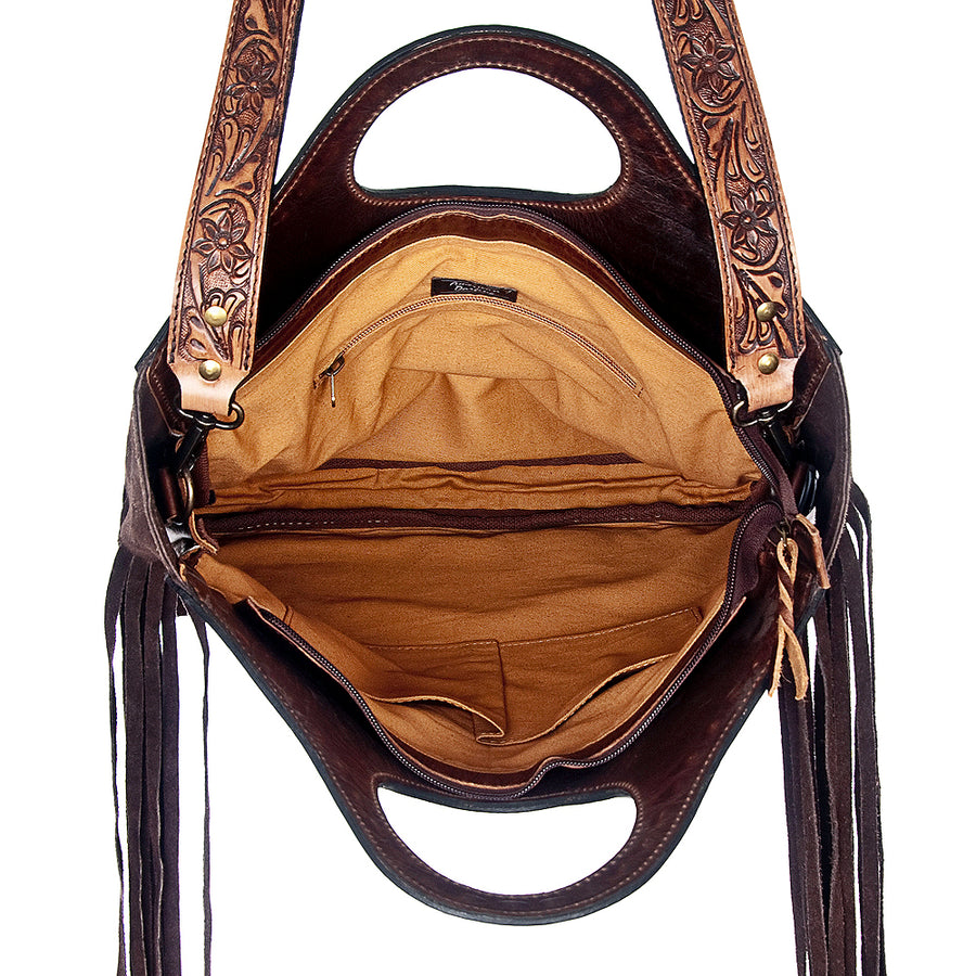 American Darling Western Leather Clutch Bag Hand Tooled Floral Carved Cowhide Purse with Fringes and YKK Zipper