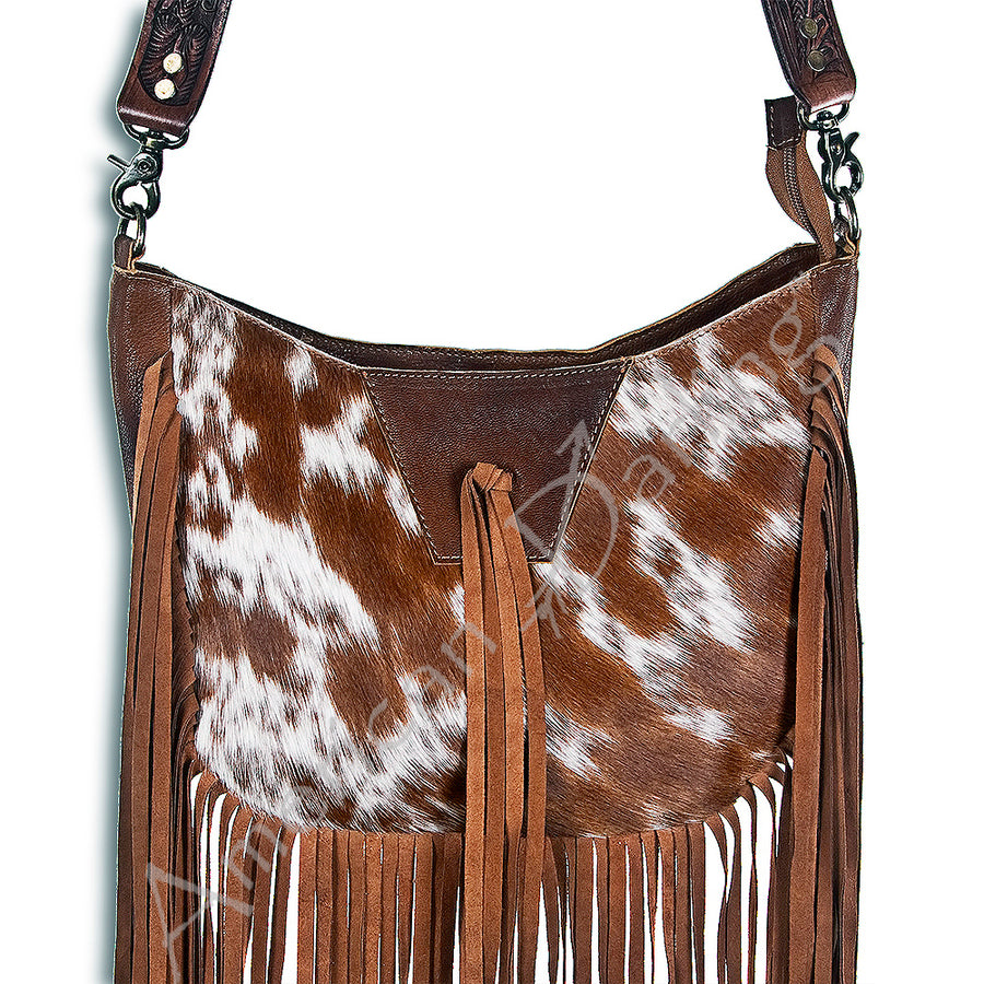 American Darling Western Leather Hobo Bag with Hair-On Cowhide and Hand Tooled Strap - Uhorse