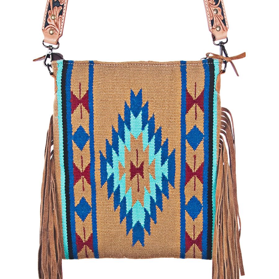 American Darling Large Cross body Bag, Hand Tooled Floral Leather, Hand Woven Saddle Blanket with Fringes, Western Crossbody