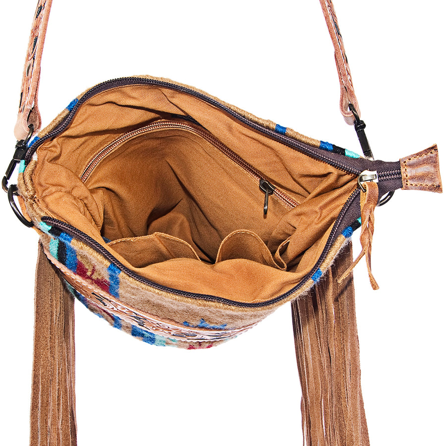 American Darling Large Cross body Bag, Hand Tooled Floral Leather, Hand Woven Saddle Blanket with Fringes, Western Crossbody