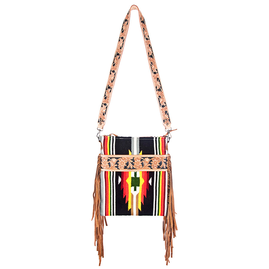 American Darling Large Cross body Bag, Hand Tooled Floral Leather, Hand Woven Saddle Blanket with Fringes, Western Crossbody