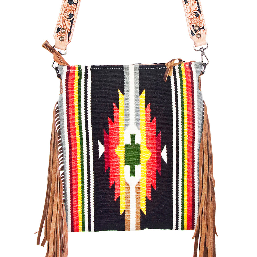 American Darling Large Cross body Bag, Hand Tooled Floral Leather, Hand Woven Saddle Blanket with Fringes, Western Crossbody