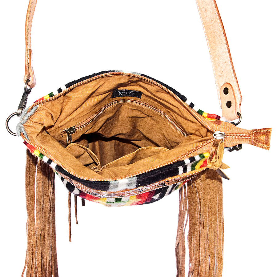 American Darling Large Cross body Bag, Hand Tooled Floral Leather, Hand Woven Saddle Blanket with Fringes, Western Crossbody