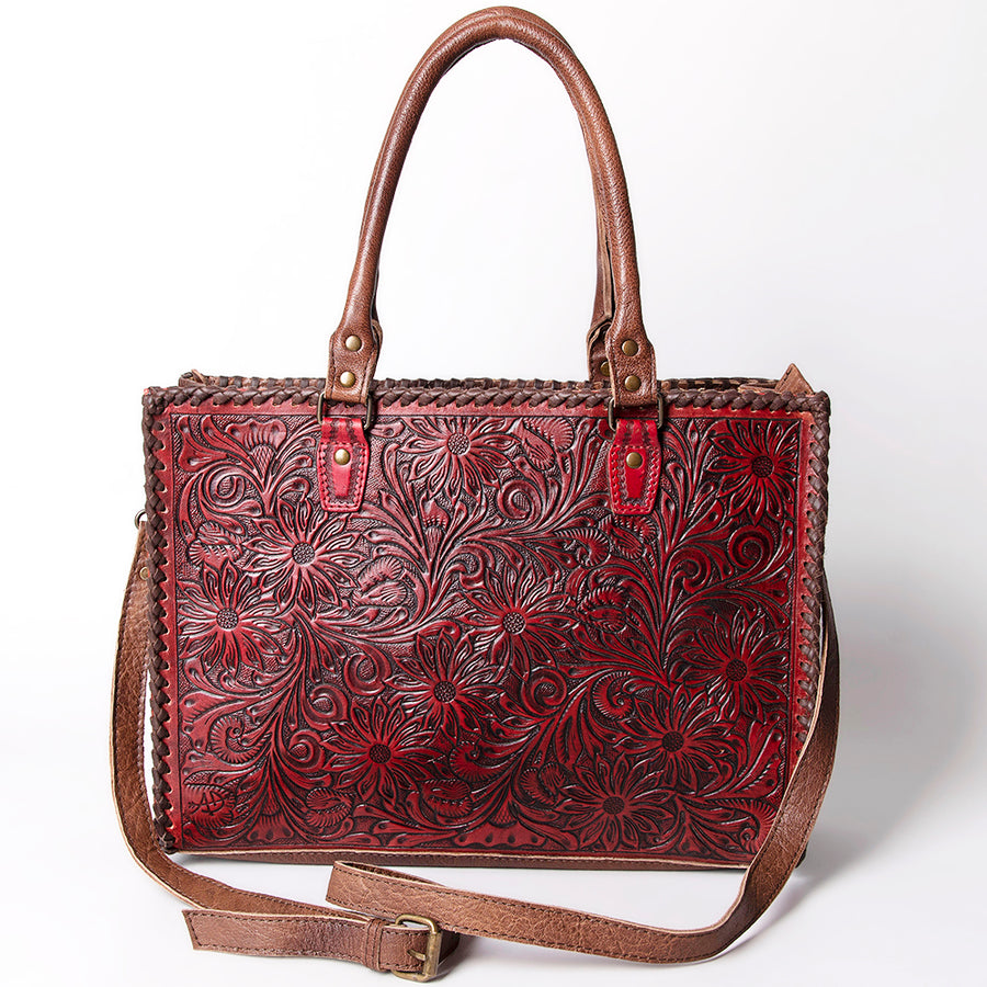 American Darling Tote Bag - Western Leather Hand Tooled Floral Carved Purse with Braided Detailing & Secure YKK Zipper