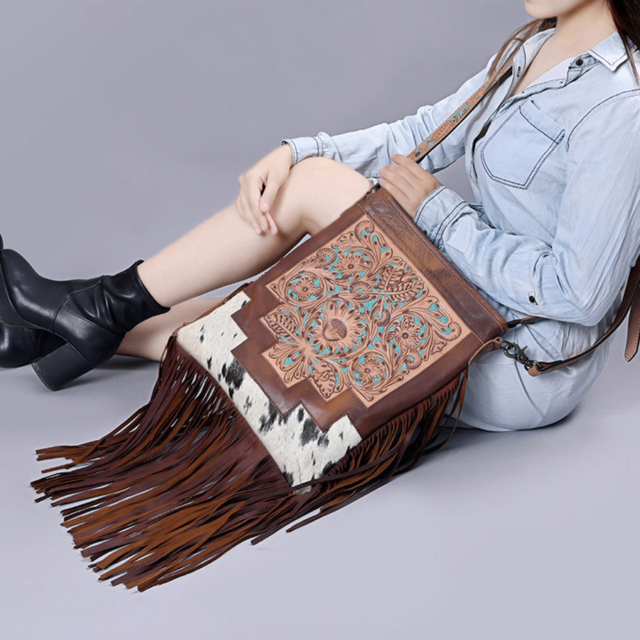 American Darling Messenger Bag, Hand Tooled Floral Leather, Hair-On Cowhide with Fringes, Western Crossbody Travel Purse