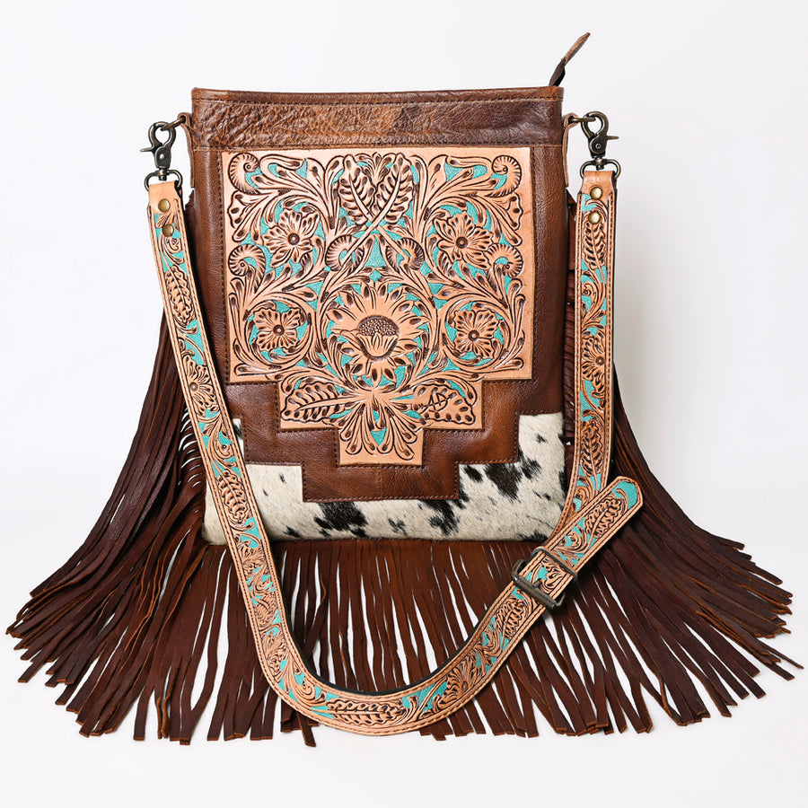 American Darling Messenger Bag, Hand Tooled Floral Leather, Hair-On Cowhide with Fringes, Western Crossbody Travel Purse