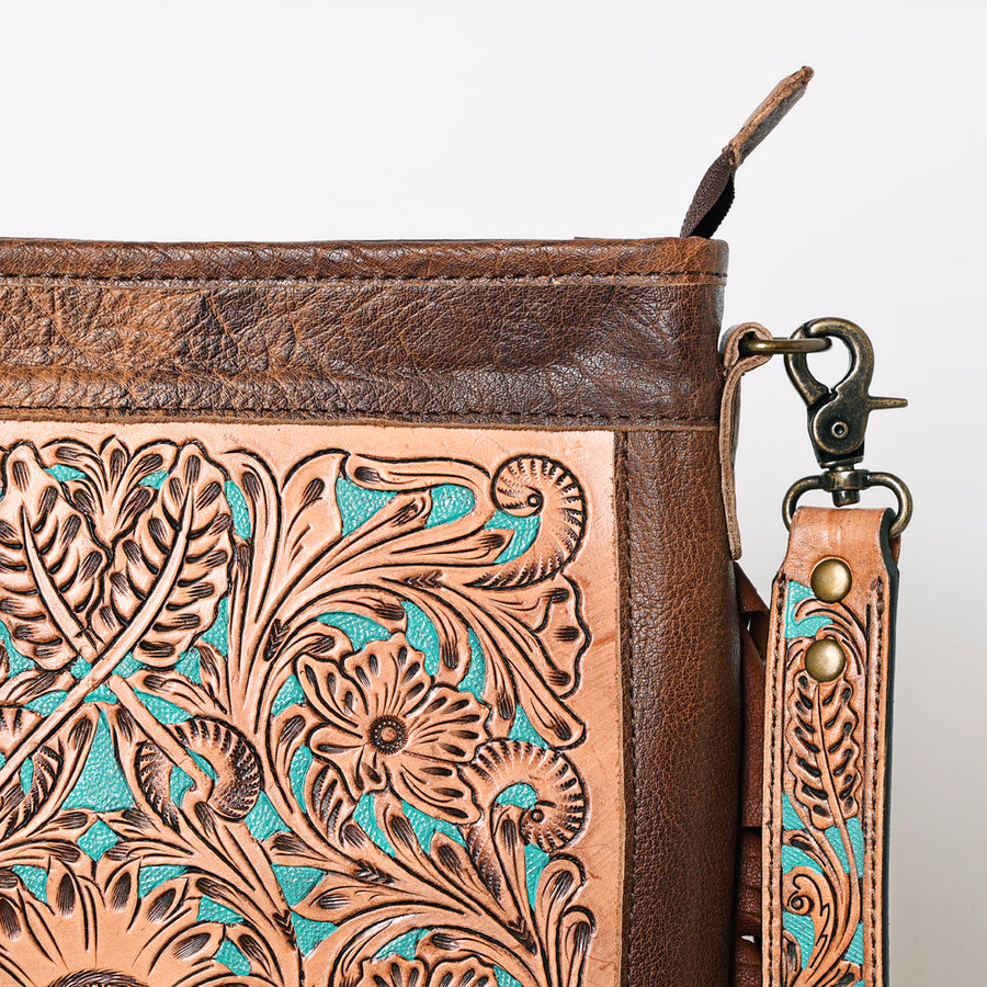 American Darling Messenger Bag, Hand Tooled Floral Leather, Hair-On Cowhide with Fringes, Western Crossbody Travel Purse