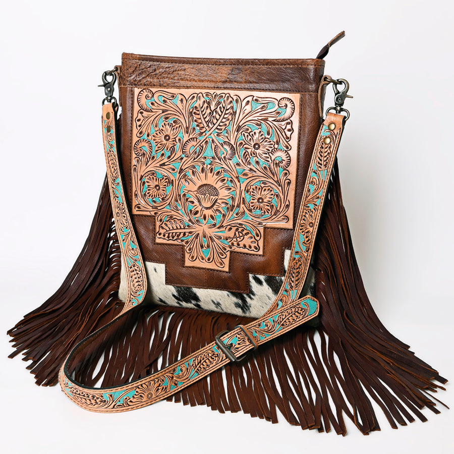 American Darling Messenger Bag - Hand Tooled Floral Leather and Hair-On Cowhide Purse - Uhorse