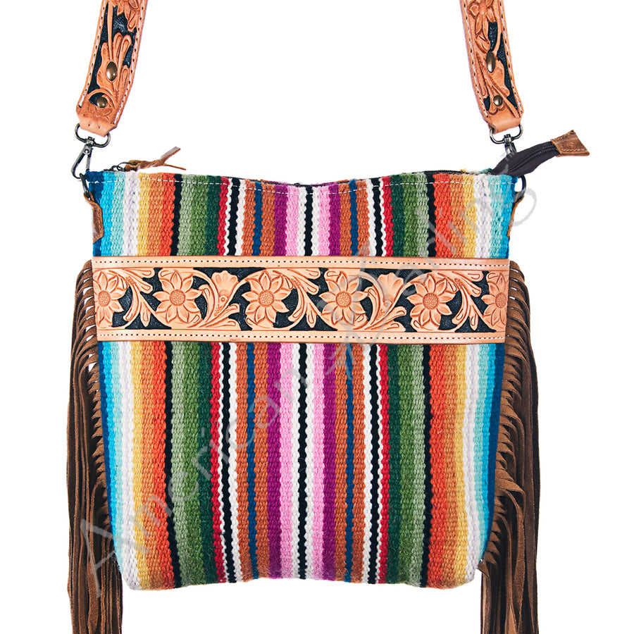 American Darling Large Cross body Bag - Hand Tooled Leather and Woven Saddle Blanket - Hilason