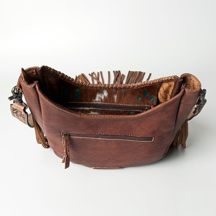 American Darling Hobo Bag Western Leather Hair-On Cowhide Purse with Fringes Hand Tooled Strap and YKK Zipper