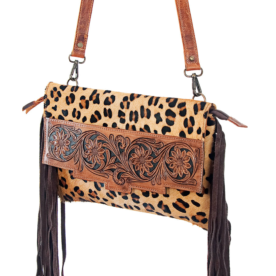 American Darling Small Cross body Bag Hand Tooled Floral Carved Flap Printed Hair-On Cowhide Western Purse
