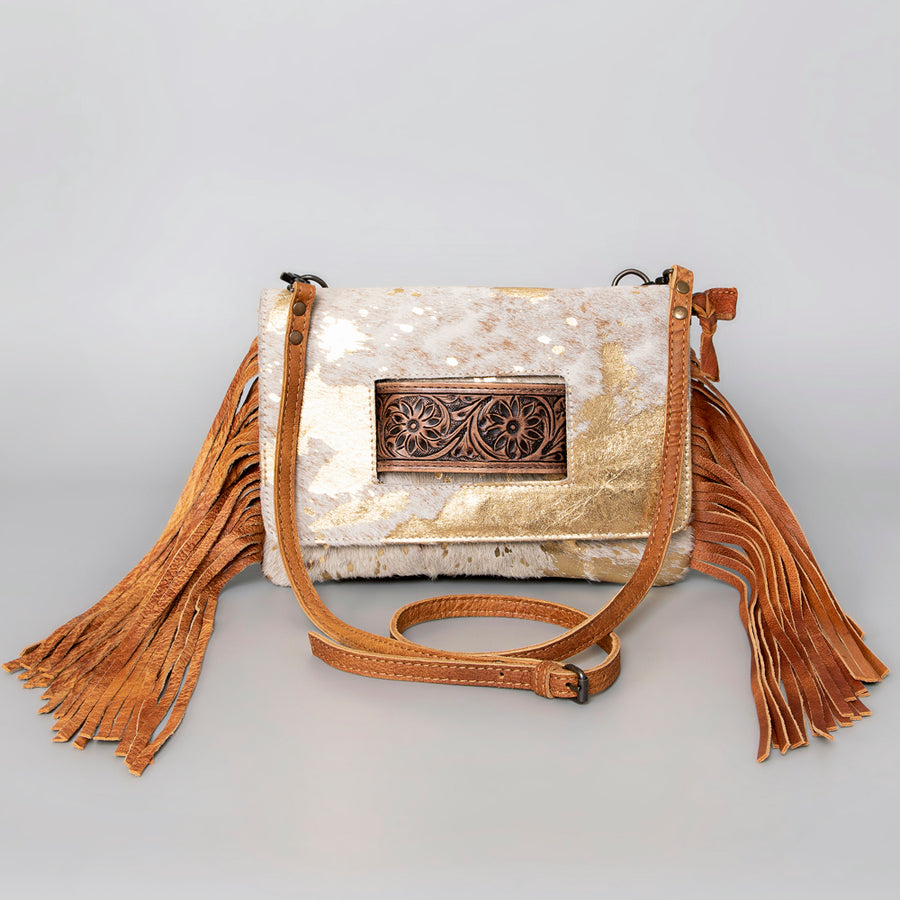 American Darling Small Cross body Bag Hand Tooled Floral Carved Leather Hair-On Cowhide with Fringes