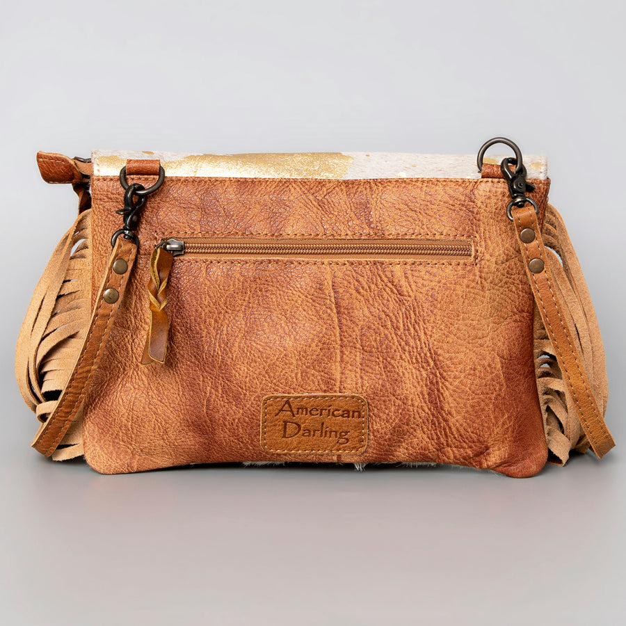 American Darling Small Cross body Bag Hand Tooled Floral Carved Leather Hair-On Cowhide with Fringes
