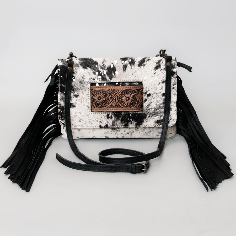 American Darling Small Cross body Bag Hand Tooled Floral Carved Leather Hair-On Cowhide with Fringes