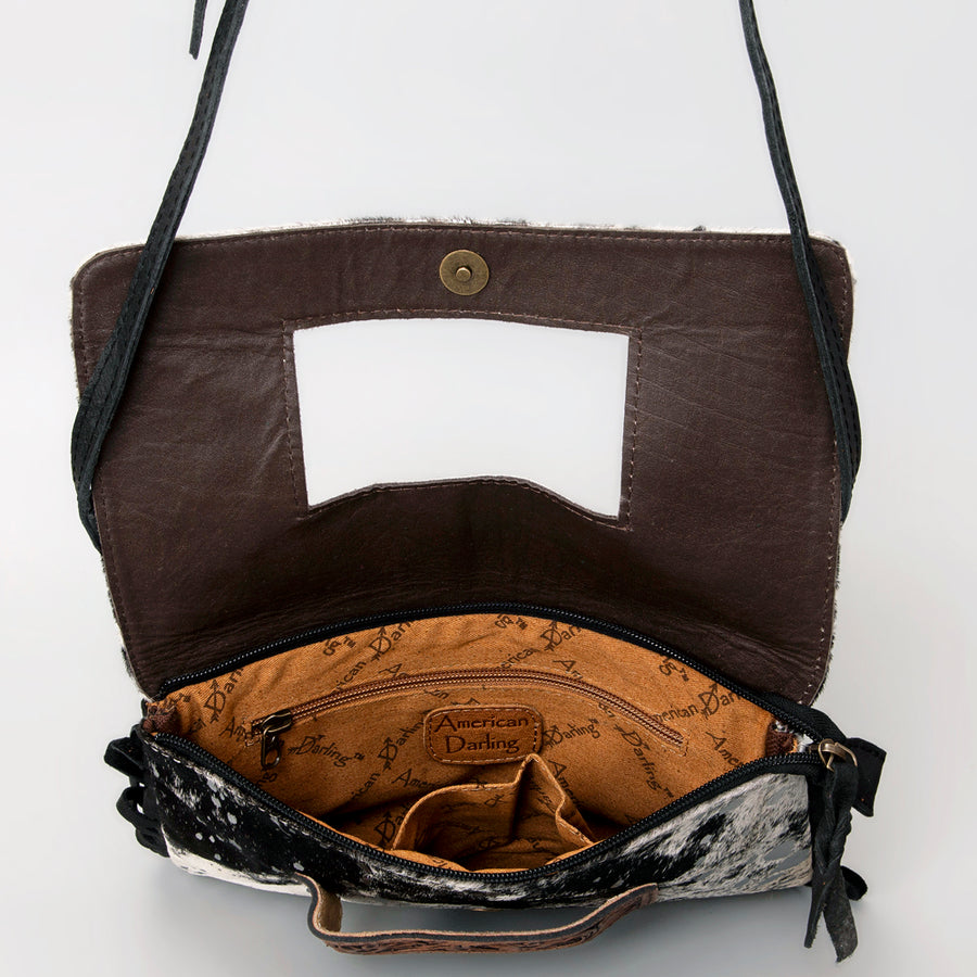 American Darling Small Cross body Bag Hand Tooled Floral Carved Leather Hair-On Cowhide with Fringes