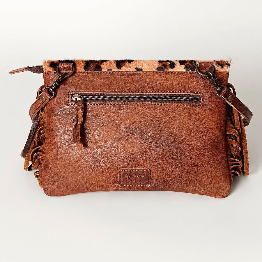 American Darling Small Cross body Bag Hand Tooled Floral Carved Leather Hair-On Cowhide with Fringes