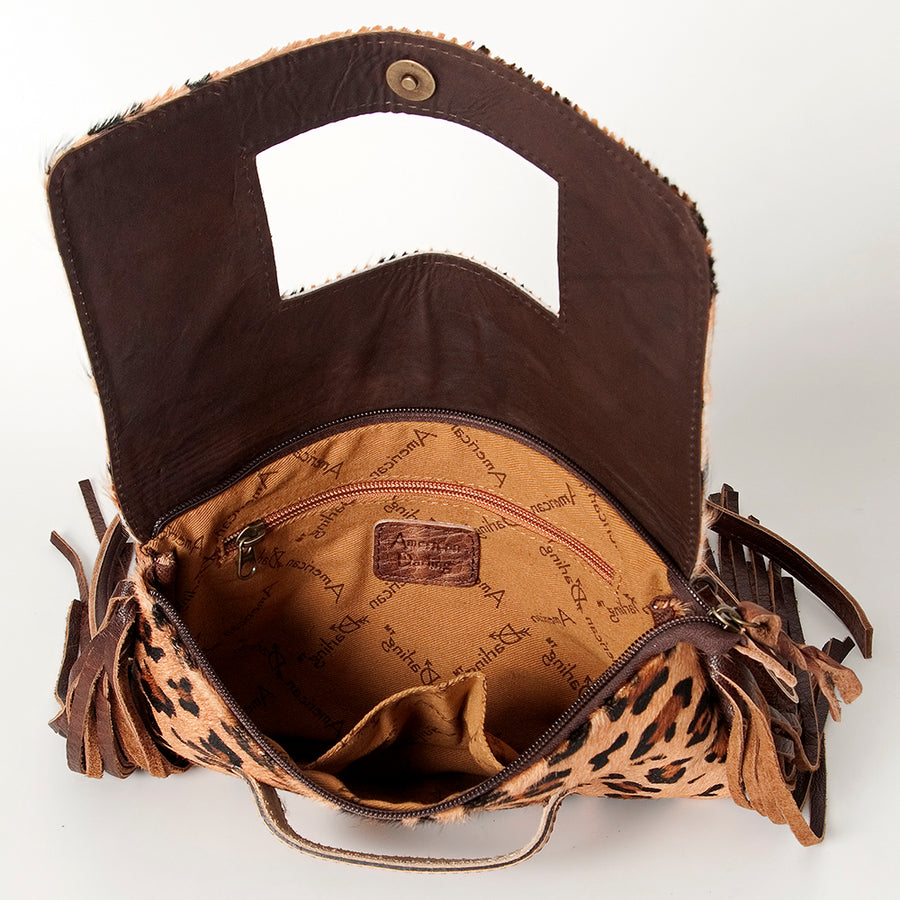 American Darling Small Cross body Bag Hand Tooled Floral Carved Leather Hair-On Cowhide with Fringes