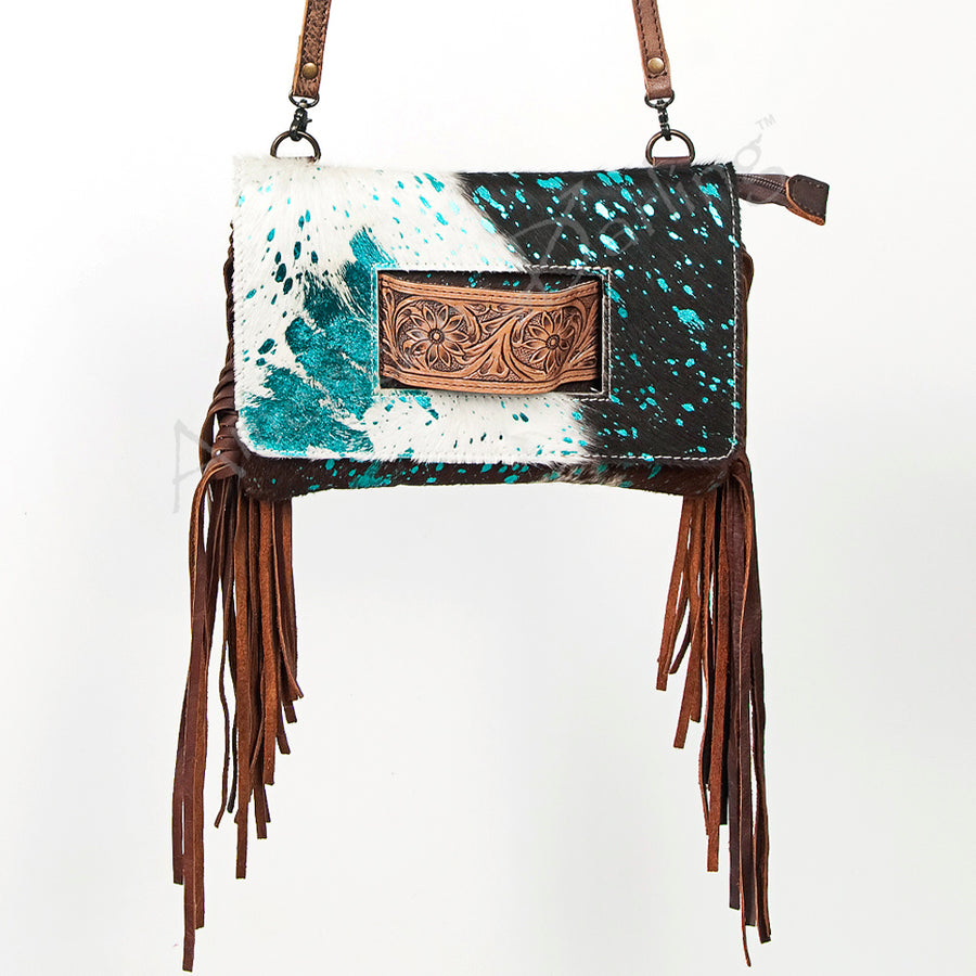 American Darling Small Cross body Bag Hand Tooled Floral Carved Leather Hair-On Cowhide with Fringes