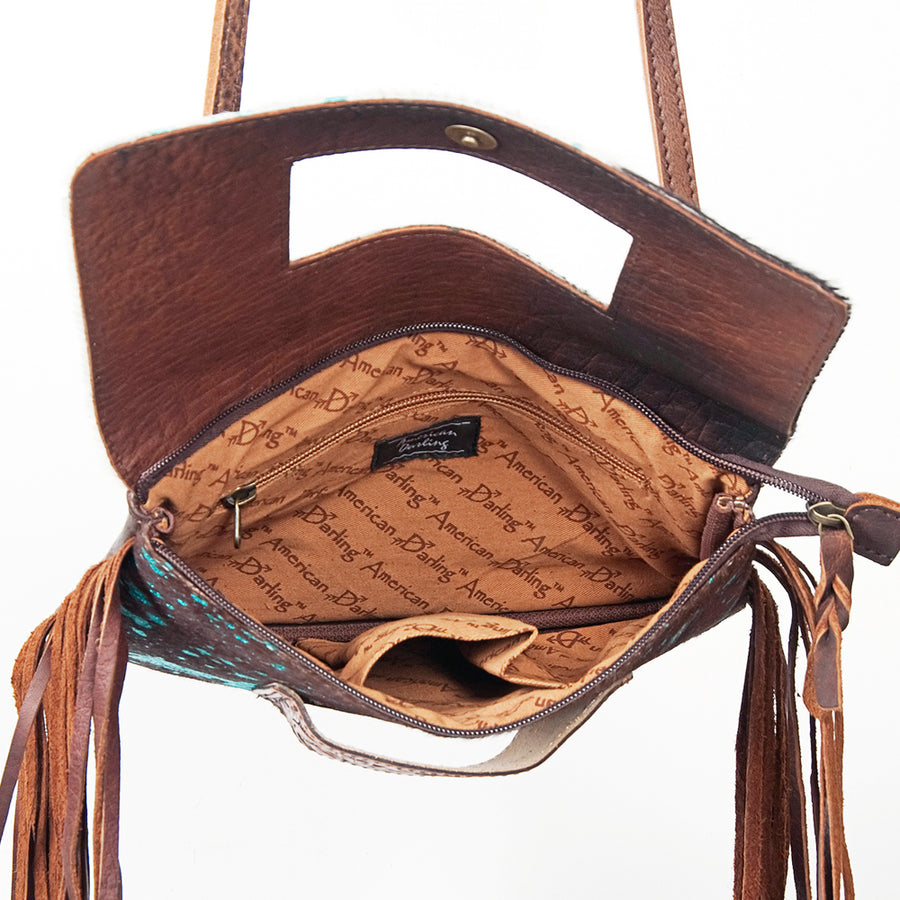 American Darling Small Cross body Bag Hand Tooled Floral Carved Leather Hair-On Cowhide with Fringes