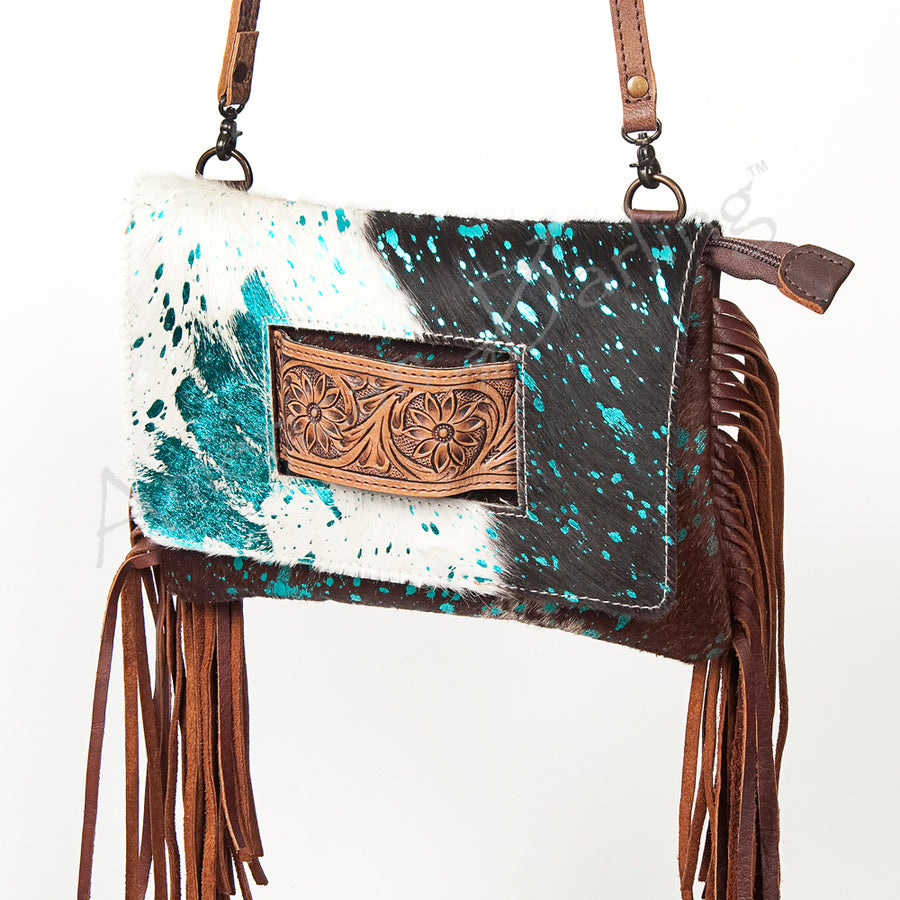 American Darling Hand Tooled Leather Small Cross body Bag with Hair-On Cowhide - Uhorse