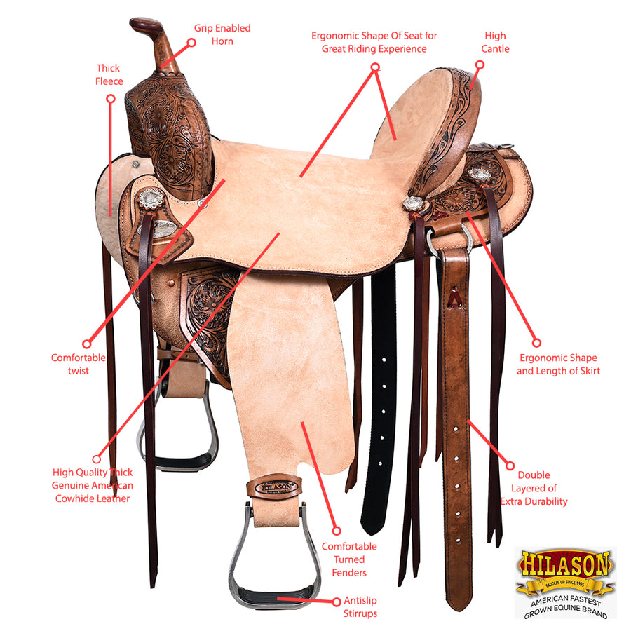 HILASON Flex Tree Western Horse Saddle in American Leather Barrel Trail | for Horses