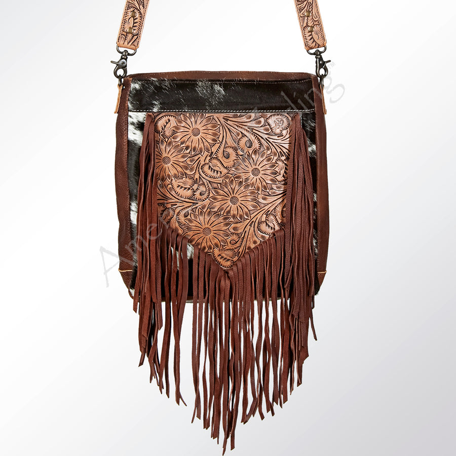 American Darling Messenger Bag Hand Tooled Floral Carved Leather Hair-On Cowhide with Fringes Western Purse
