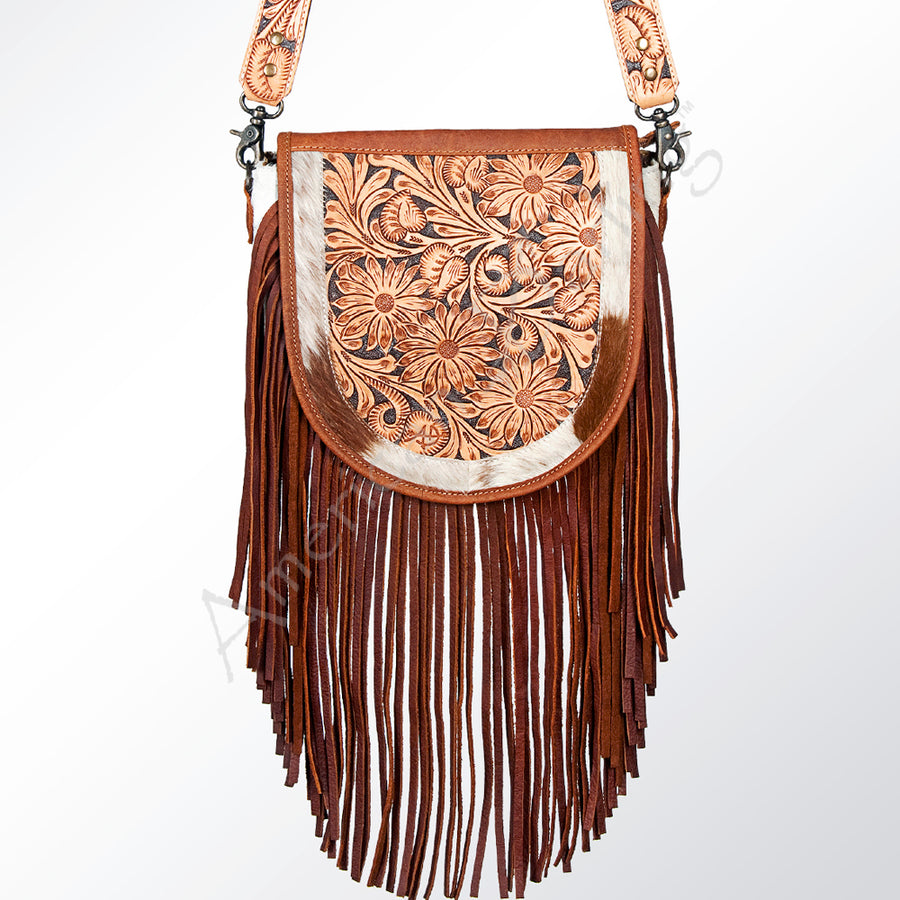 American Darling Messenger Bag Handcrafted from Hair-On Cowhide & Hand Tooled Leather with Fringes and YKK Zipper