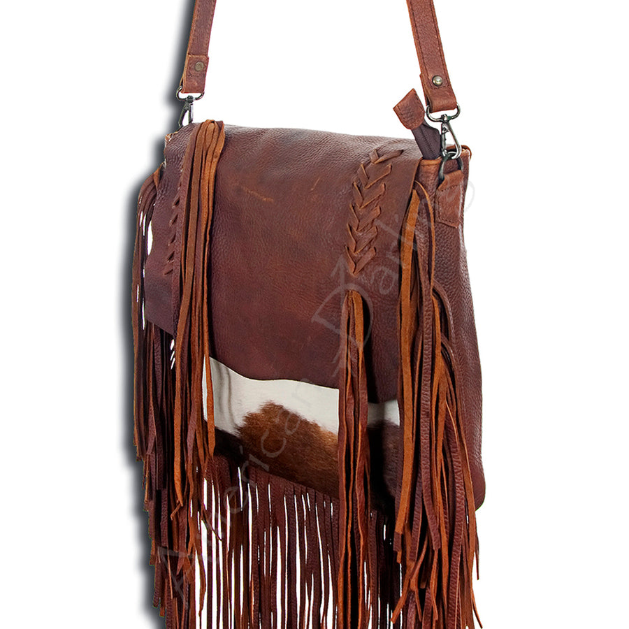 American Darling Messenger Bag Handcrafted from Hair-On Cowhide & Genuine Leather with Fringes, Braided Trim and YKK Zipper
