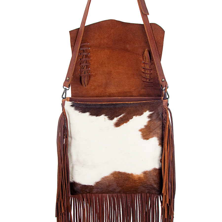 American Darling Messenger Bag Handcrafted from Hair-On Cowhide & Genuine Leather with Fringes, Braided Trim and YKK Zipper