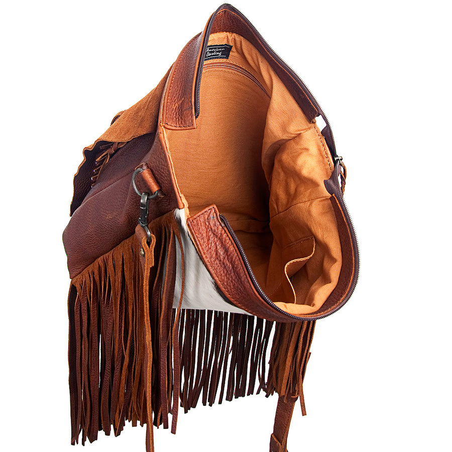 American Darling Messenger Bag Handcrafted from Hair-On Cowhide & Genuine Leather with Fringes, Braided Trim and YKK Zipper
