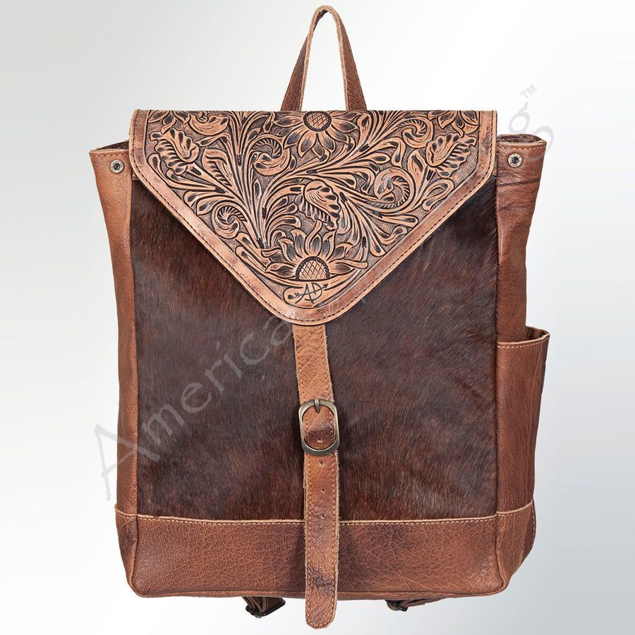 American Darling Backpack Bag Handcrafted from Hand Tooled Floral Leather & Hair-On Cowhide with YKK Zipper