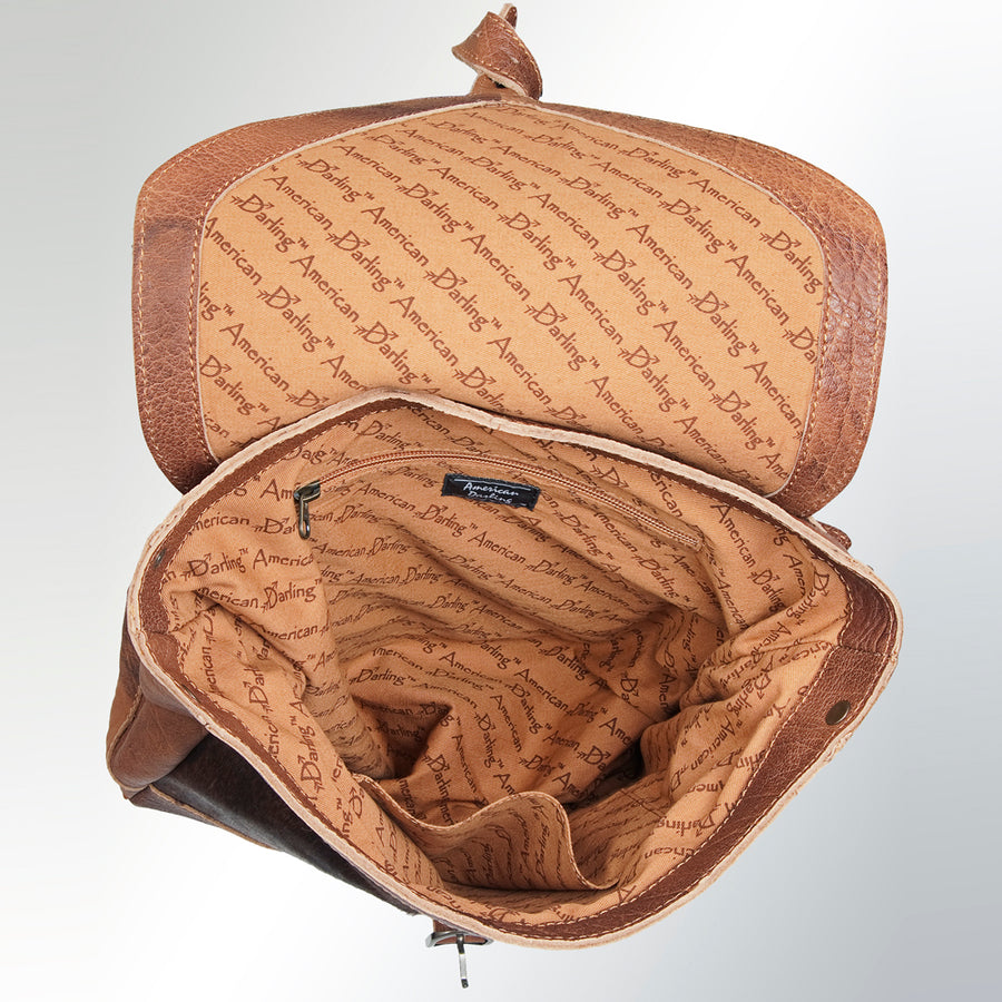 American Darling Backpack Bag Handcrafted from Hand Tooled Floral Leather & Hair-On Cowhide with YKK Zipper
