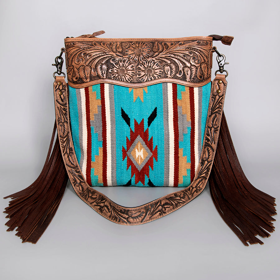 American Darling Signature Crossbody Bag - Western Genuine Leather Hand Tooled Floral Purse with Woven Saddle Blanket & Fringe