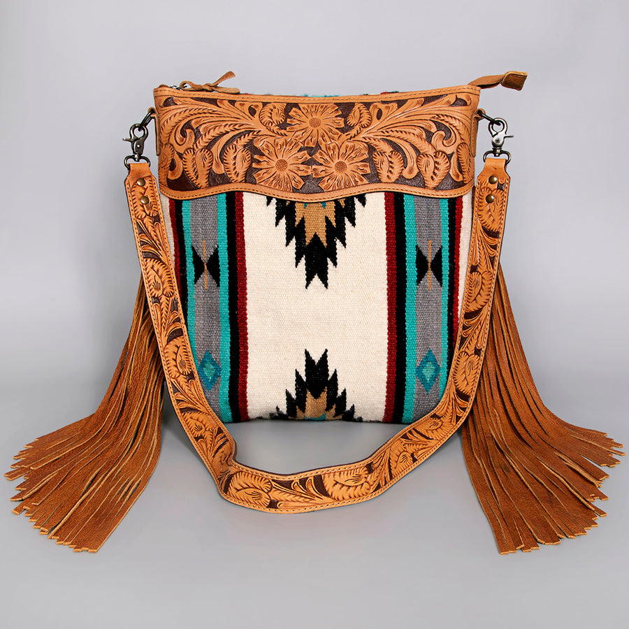 American Darling Large Cross body Bag - Western Genuine Leather Hand Tooled Floral Purse with Woven Saddle Blanket & Fringe