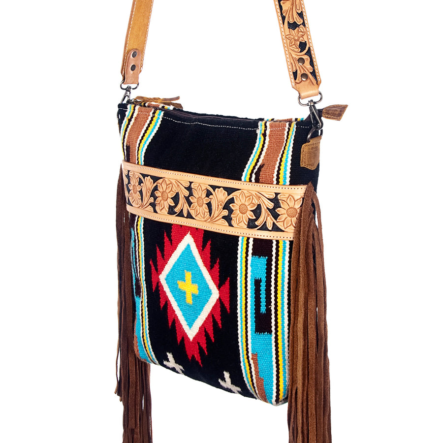 American Darling Large Cross body Bag - Western Genuine Leather Hand Tooled Floral Purse with Woven Saddle Blanket & Fringe