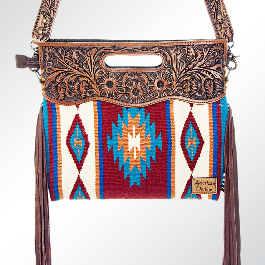 American Darling Signature Cross body Bag, Hand Tooled Floral Leather, Hand Woven Saddle Blanket with Fringes, Western Crossbody