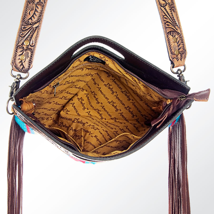 American Darling Signature Cross body Bag, Hand Tooled Floral Leather, Hand Woven Saddle Blanket with Fringes, Western Crossbody