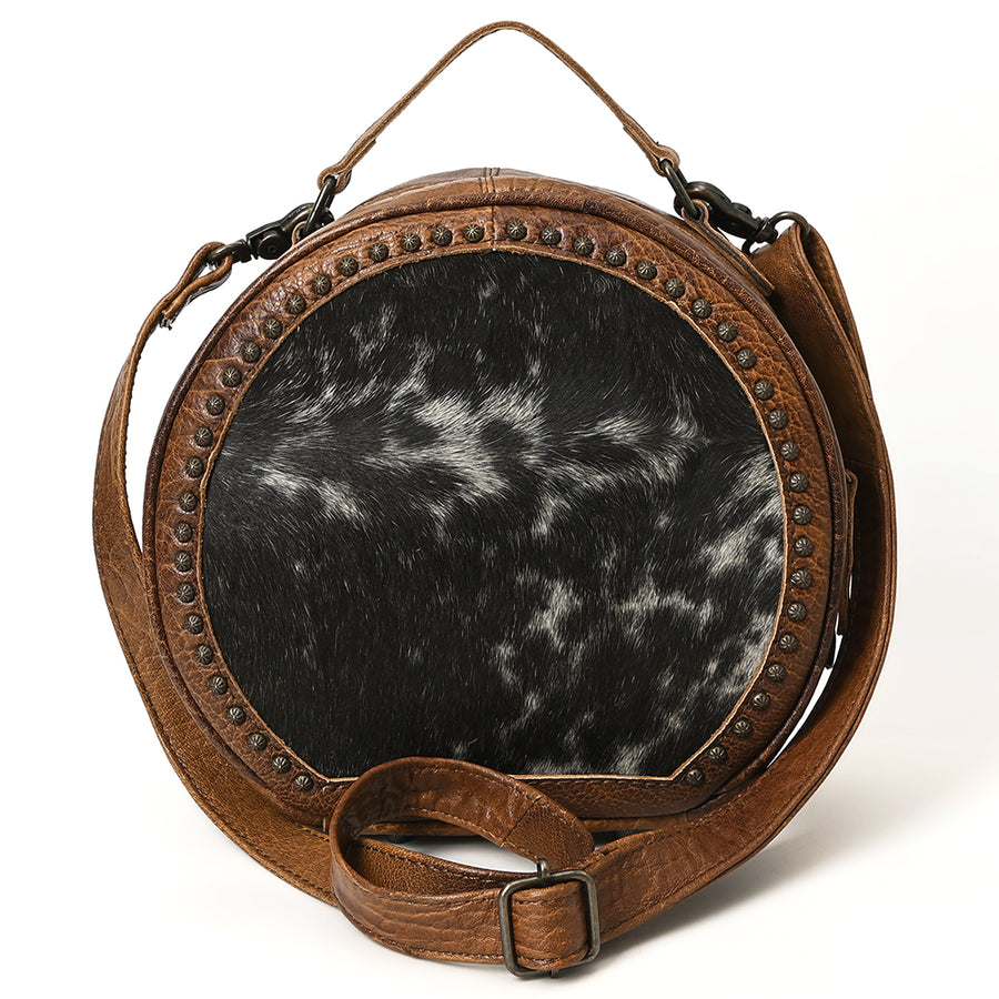 American Darling Canteen Bag Western Leather Hair-On Cowhide Purse with Rivets Embossed and Secure YKK Zipper