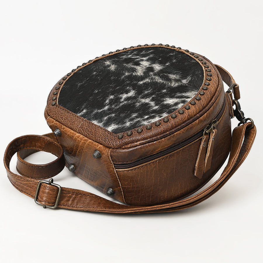 American Darling Canteen Bag Western Leather Hair-On Cowhide Purse with Rivets Embossed and Secure YKK Zipper