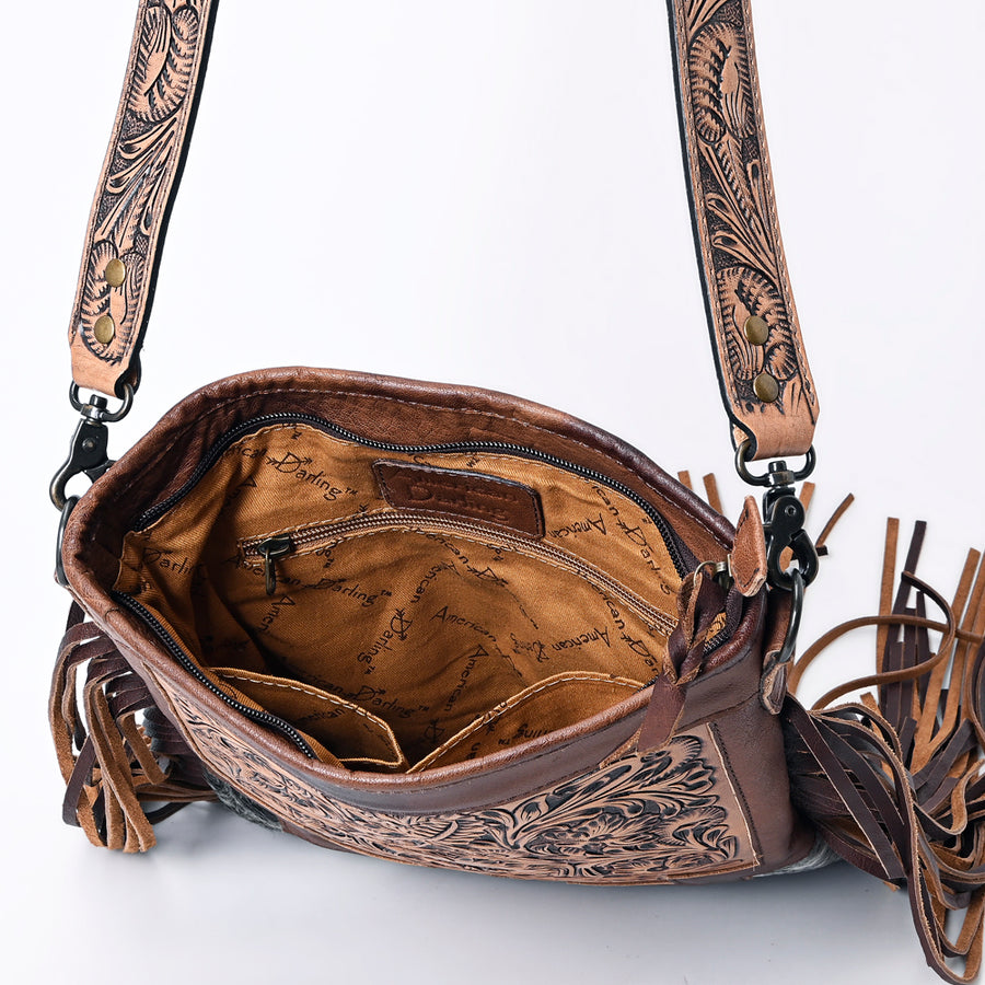 American Darling Messenger Bag, Hand Tooled Floral Leather, Hair-On Cowhide with Fringes, Western Crossbody Travel Purse