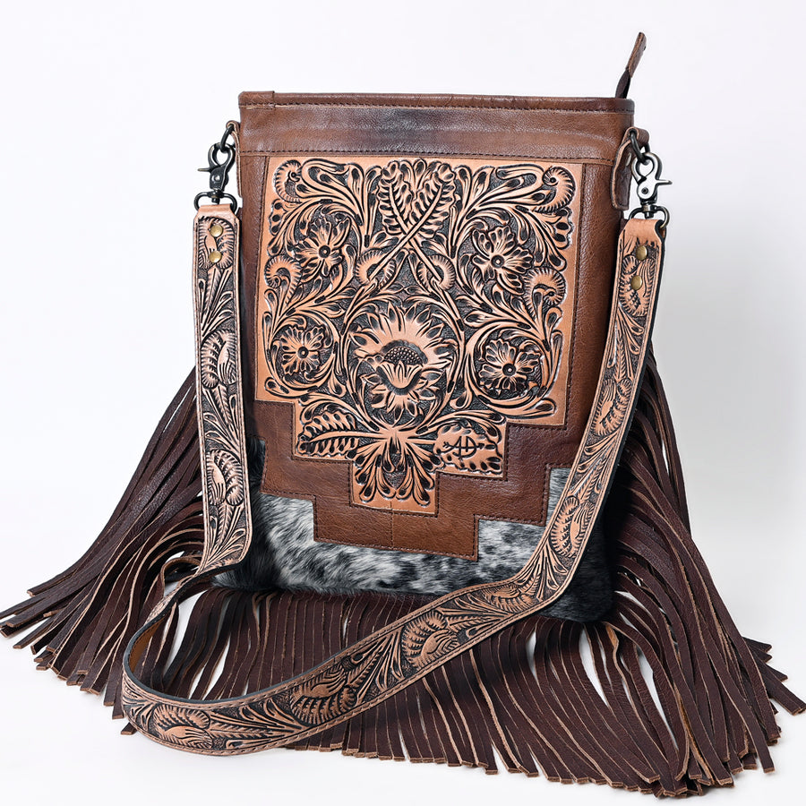 American Darling Messenger Bag - Hand Tooled Floral Leather and Hair-On Cowhide Purse - Uhorse