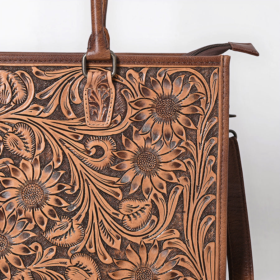 American Darling Tote Bag Handcrafted from Hand Tooled Floral Carved Genuine Leather with YKK Zipper and Large Capacity