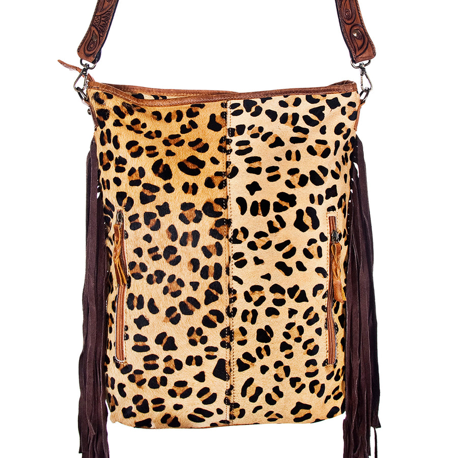 American Darling Large Cross body Bag Hand Tooled Floral Carved Leather Hair-On Cowhide with Fringes