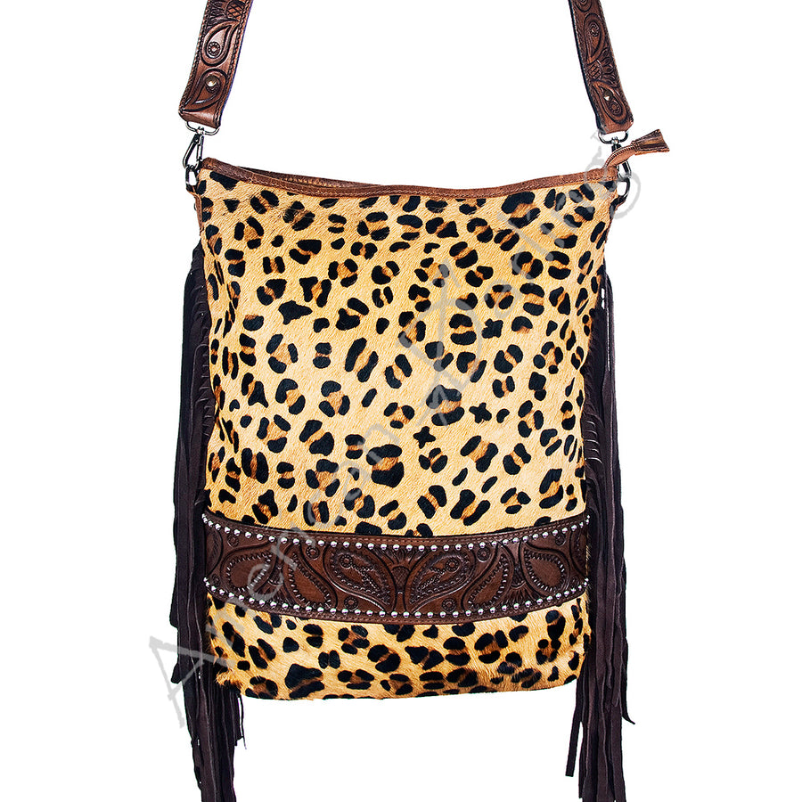 American Darling Large Cross body Bag Hand Tooled Leather Hair-On Cowhide Purse - Uhorse