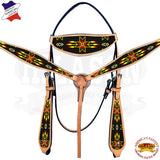 HILASON Western Horse Headstall Breast Collar Set American Leather Beaded | Leather Headstall | Leather Breast Collar | Tack Set for Horses | Horse Tack Set