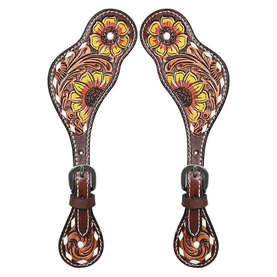 Leather Spur Strap Western Floral Dark Brown Hand Paint Hilason - Uhorse
