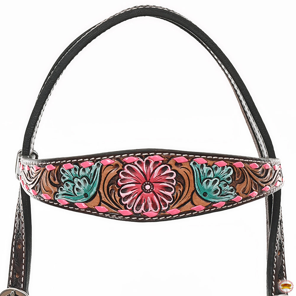 HILASON Floral Painted Beaded American Leather Horse Headstall Breast Collar