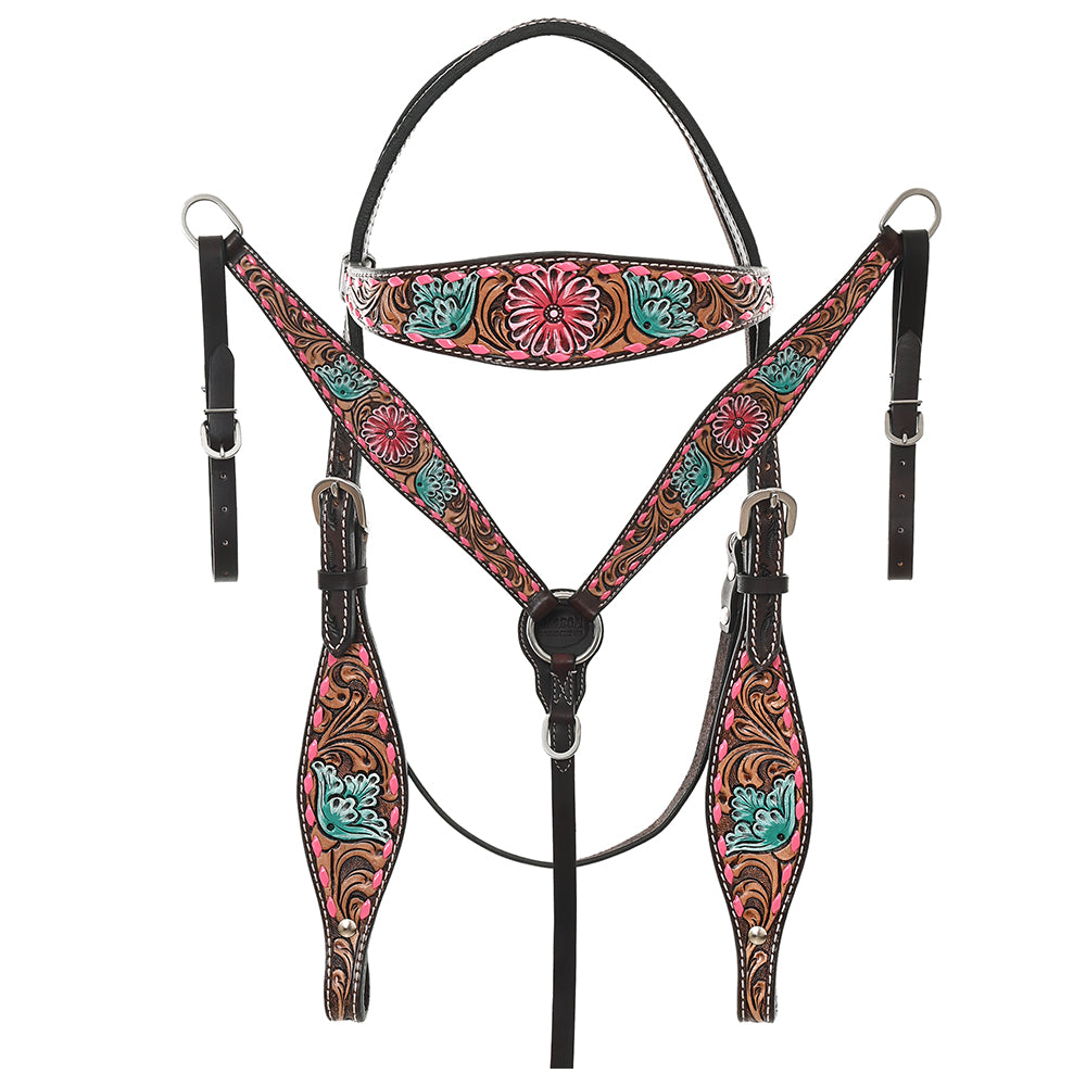 HILASON Floral Painted Beaded American Leather Horse Headstall Breast Collar
